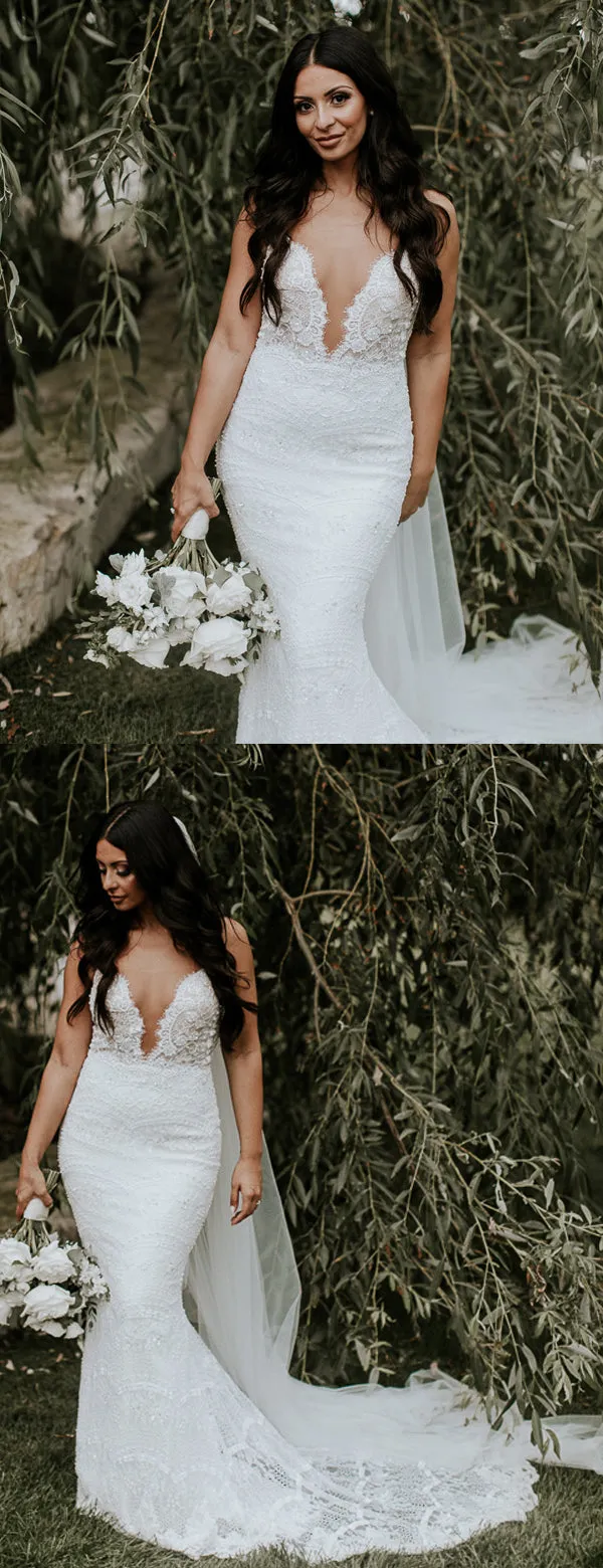 Stunning Lace Shiny Beads Spaghetti Strap Mermaid Fashion Wedding Dresses,DB0179
