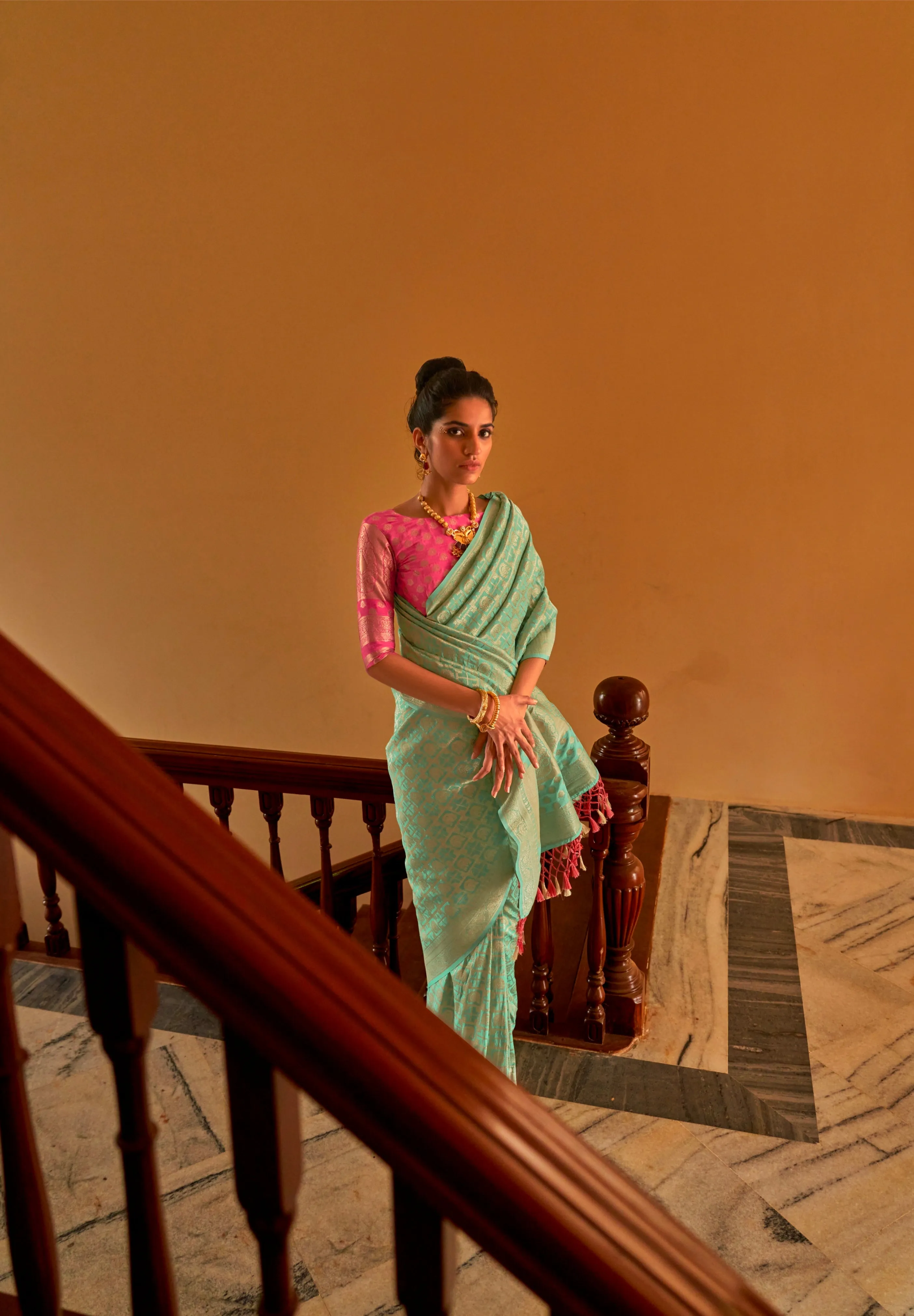 Stunning Traditional Saree with Weaving & Tassels - Perfect for Sangeet
