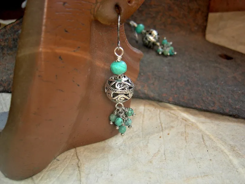 Turquoise & Silver Filigree Earrings, Faceted Gemstone Clusters