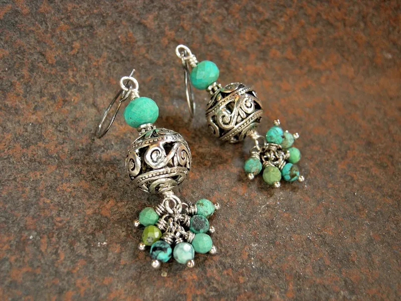 Turquoise & Silver Filigree Earrings, Faceted Gemstone Clusters