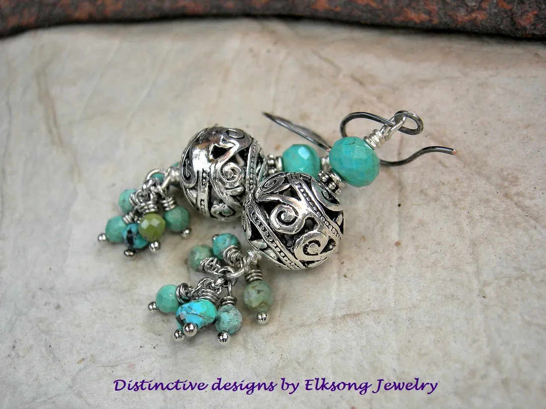 Turquoise & Silver Filigree Earrings, Faceted Gemstone Clusters