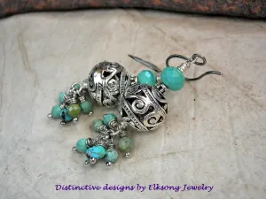 Turquoise & Silver Filigree Earrings, Faceted Gemstone Clusters