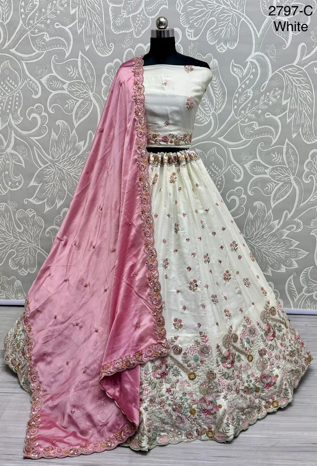 White Bridal Silk Lehenga with Stunning Embroidery and Stone Work