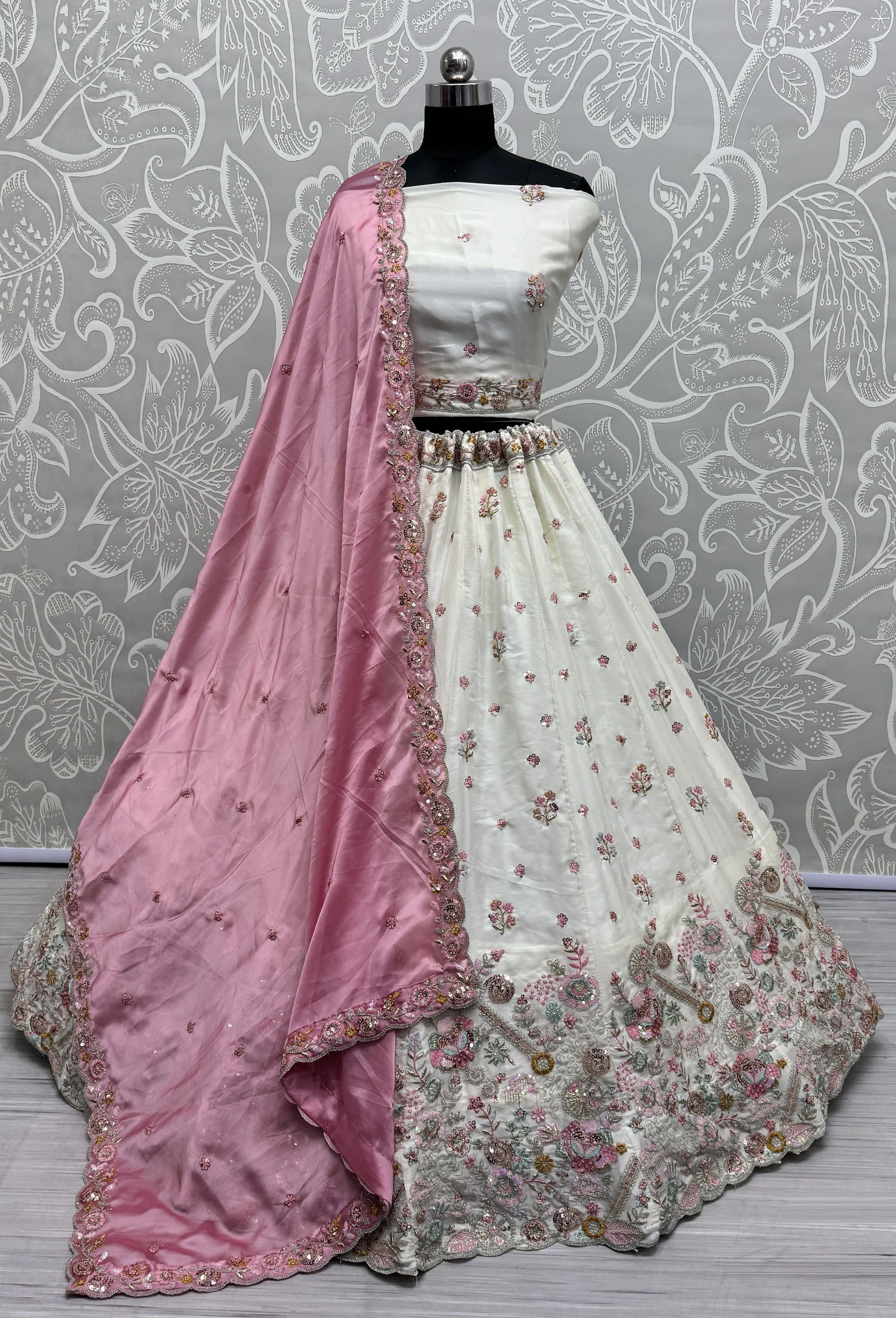 White Bridal Silk Lehenga with Stunning Embroidery and Stone Work