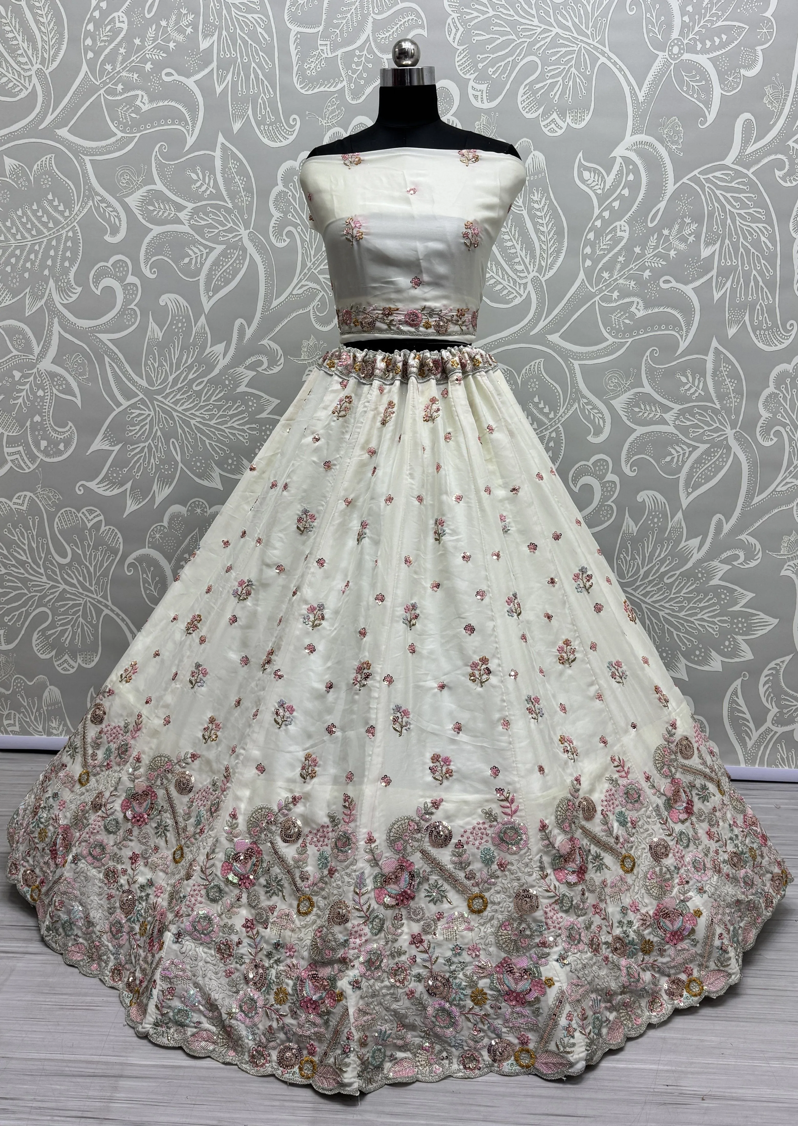 White Bridal Silk Lehenga with Stunning Embroidery and Stone Work